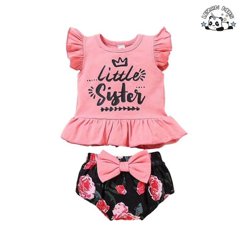 LEZONKIDS - Customizable Children's Wear Letter Printing Big Flower Fly Sleeve Two-piece Children's Wear